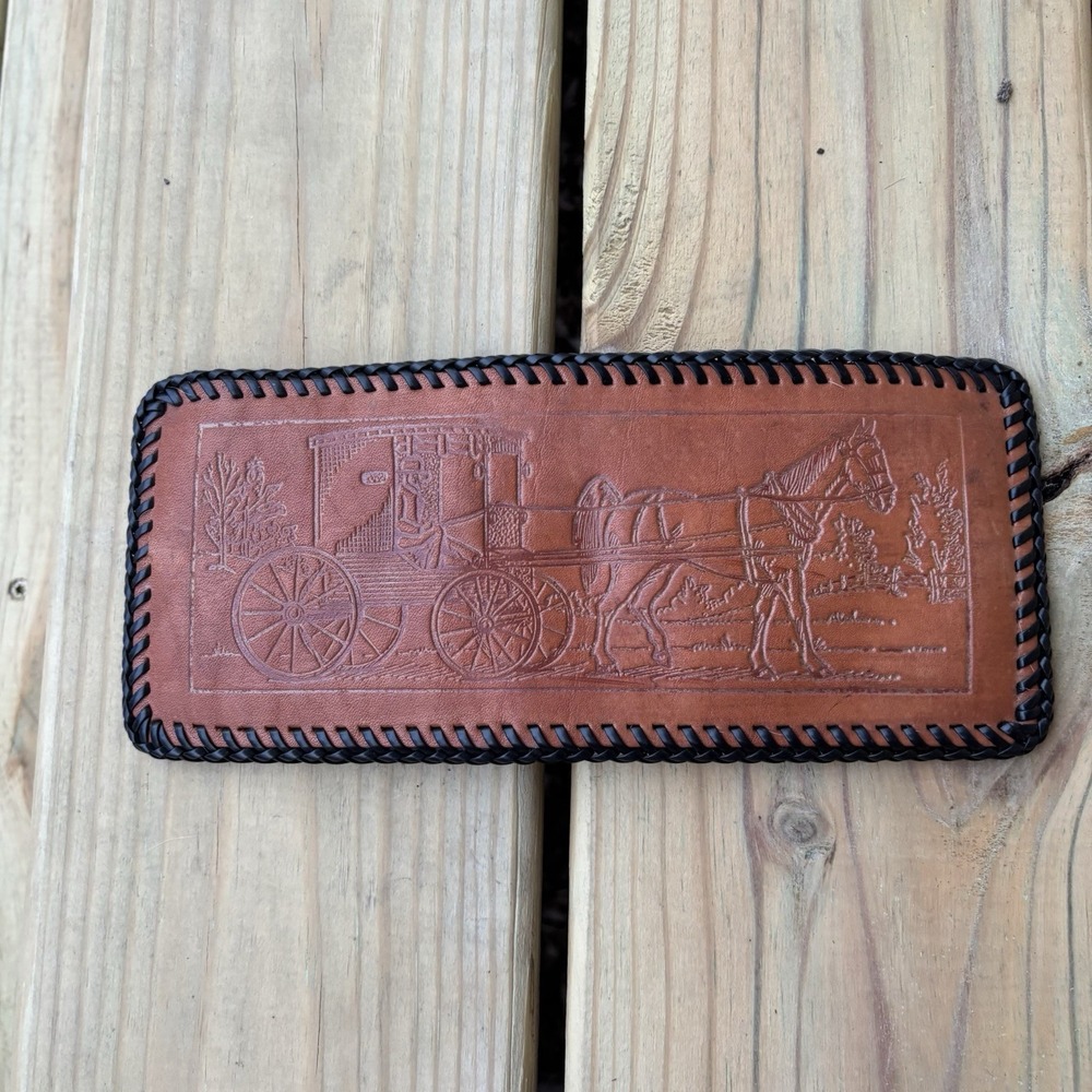 Vintage Leather Wallet Hand Tooled Bi-Fold Handmade Whipstitch Horses Carriage